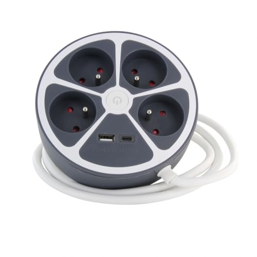 CHACON Multiprise Design Circulaire 4X16 A Cordon 1 5m avec 1xUSB-A et 1xUSB-C + Interrupteur