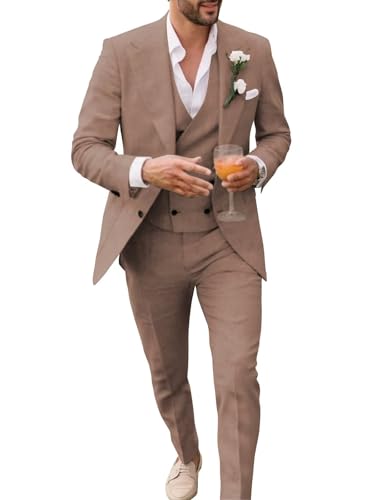 Men's Linen Double Breasted Suits Slim Fit 3 Piece Suits for Men Beach Wedding Tuxedo for Groom Prom Suit Set