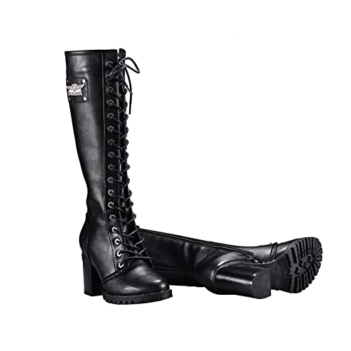 Dream Apparel Women's Faux Leather Lace Up Knee High Boots, Black Motorcycle Riding Boots With Chunky Heel, Sexy Biker Boots With Side Zipper (Size 8) #TOP3