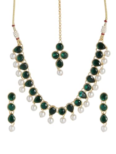 Juego de joyas chapadas en oro DMZ-2412 para mujer con Kundan, perlas S y latón verde y blanco