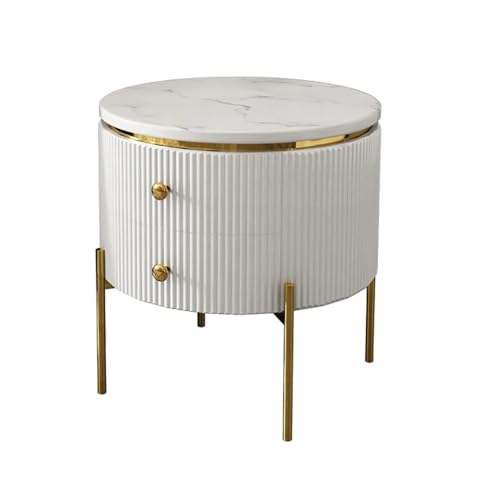 Image of Spain Bedside Table with 2 Drawers, 18x18x18 Inch, Round Sintered Marble Top, Gold Metal Legs & Handle, Waterproof Plywood Body, Modern Side Table for Sofa /Bedroom (White)