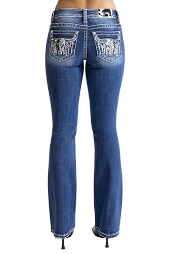 Miss Me Women's Longhorn Applique Mid-Rise Bootcut Jeans (Medium Blue,