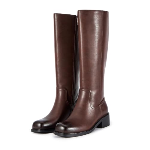 Image of ZJA Knee High Boots Women,Square Toe Chunky Block Low Heel Tall