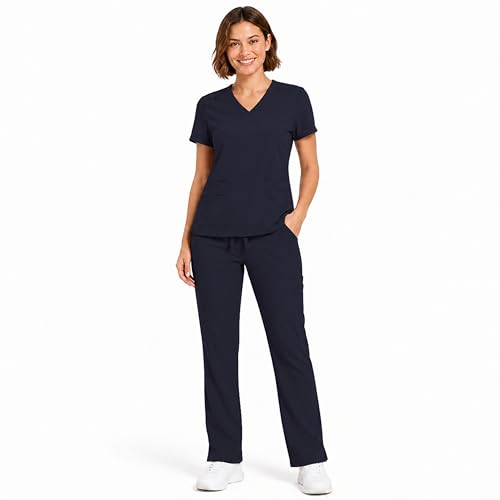 M&M SCRUBS Women's Breathable Cool Stretch Fabric Scrub Top and cargo Pant Set (Navy, X-Large)