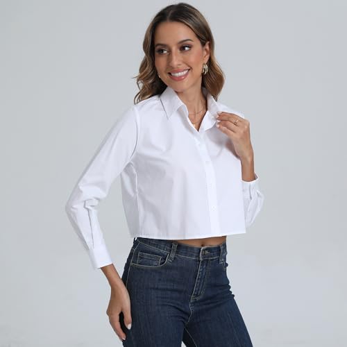 SUNNOW Women's Non Iron Boxy Cropped Button Down Shirt Tailored Long Sleeve Top Wrinkle Free Basic Casual Blouses3
