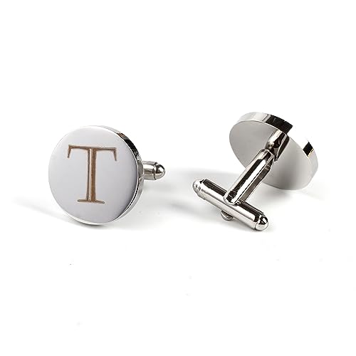 Image of Mens Initial Silver Cufflinks A-Z Alphabet Letter Steel Cuff Links with Engraved Walnut Wood Box Groom Groomsman Wedding Set