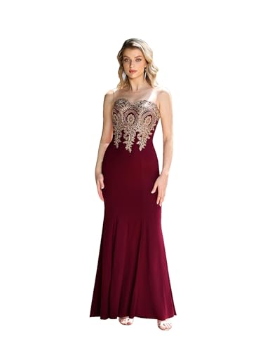 Formal Dress for Women 2025 Lace Applique Sherr Neck Sleeveless Long Mermaid Prom Dress Vestidos Elegantes de Mujer para Fiesta Burgundy M