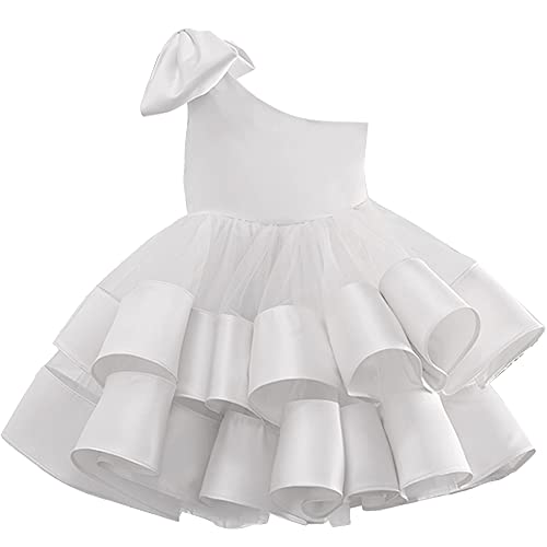 ABAO SISTER Puffy Flower Girl Dresses for Wedding Layers Satin Bow Kids Princess Dress Bow Shoulder Kids First Communion Dresses White Size 2