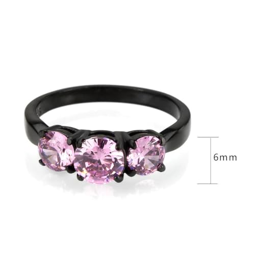 Goth Princess Round Pink 3-Stone Cubic Zirconia Cubic Zirconia CZ Engagement Ring, Black Hypoallergenic 316L Stainless Steel3