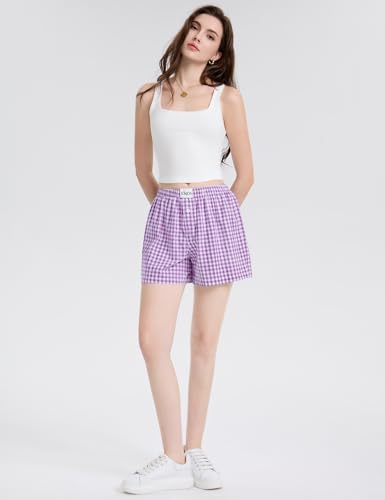 Image of LOMON Boxer Shorts for Women Summer Gingham Pajamas 2026 Lounge Sleep Pj Plaid Shorts Y2K Beach Bottoms with Pockets