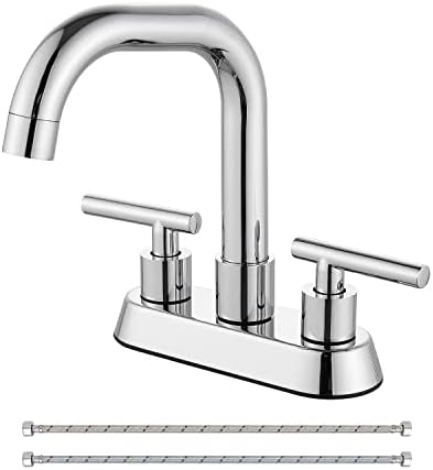 Cinwiny 4" Centerset Bathroom Sink Faucet Swivel Spout Vanity Faucet Deck Mount Mixer Tap with Water Supply Hoses, 2 Handles Bathroom Faucet Polished Chrome
