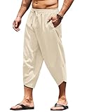 COOFANDY Men's Linen Capri Pants Casual Loose Hippie Yoga Beach Pants Elastic Waist Drawstring Aladdin Harem Trousers with Pockets Beige