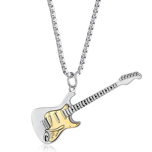 Tckyi Electric Guitar Pendant Necklace, Silver Chain, Stainless Steel Musical