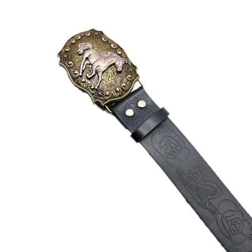 Cowboy Buckle Belt Western Leather Horse Head Buckle Peony Pattern Belt for Men Women Engraved Floral Horse Belt for4