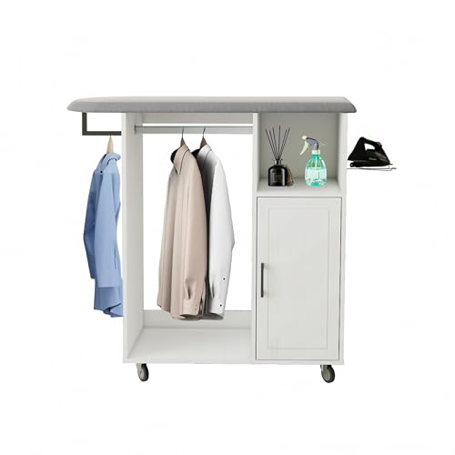 Rolling Ironing Board with Storage Cabinet,Ironing Cabinet with Wheel, Ironing Station with Iron Rack,Tabletop Ironing Board with Storage Shelves, Compact Ironing Table for Laundry Room