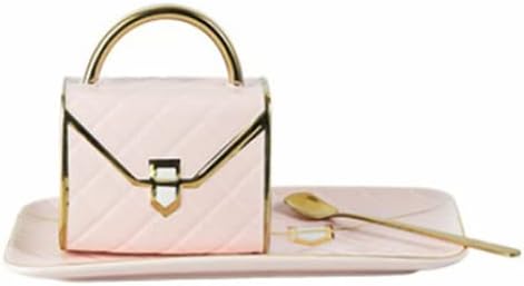 Handbag-Shaped Creative Ceramic Mug With Saucer Porcelain Tray & Spoon for Coffee, Hot Chocolate, Cappuccino, and Latte Breakfast Anvirtue (PINK)