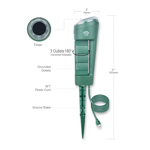 OSKOS Poste de Energía Exterior con 3 Tomas con Tierra, Función Giratoria 180° y Temporizador con Fotocélula 2/4/6/8 Horas, Desde el Anochecer hasta el Amanecer, Cable de 6 pies, Certificado UL, Verde miniatura 4