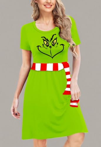 Deerose Vestido feminino estampado Grinch manga curta engraçado cintura elástica verão, verde, médio