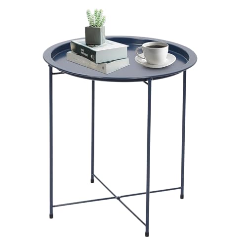 Side Table 47x50cm Round Round Tray Table with Removable Tray - Storage End Table Coffee Metal Small Garden Table for for Bedroom, Home and Office (Gray Blue)
