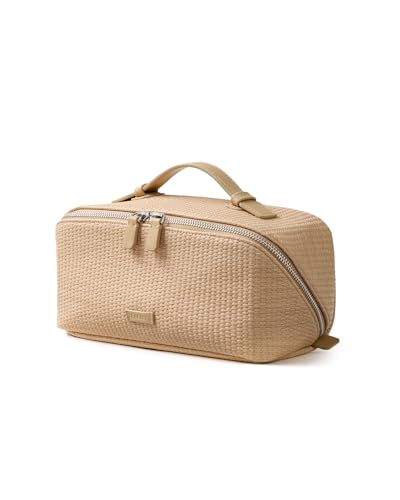 Image of EACHY Travel Makeup Bag, Woven Travel Waterproof Toiletry Bag, Portable 180 Wide-Open Flat Cosmetic Bags for Women, Large Capacity Makeup Pouch with Divider and Handle