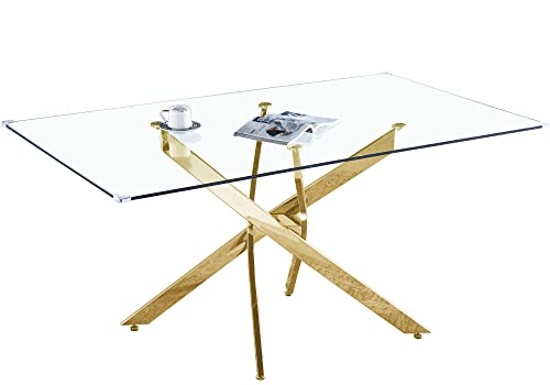 Goderfuu Glass Dining Table For 6 People - 63 Inch Luxury Modern Dining Room Table With Gold Stainless Steel Base, Rectangle Dining Table For 6, Gold Dining Table Kitchen Table W/Polished High Gloss #TOP5