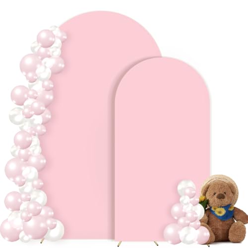 Image of MLMC Arch Backdrop Cover Set of 2 6+7.2FT Pink Fitted Spandex Backdrop Stand Cover Stretchy Round Top Chiara Arch Cover for Baby Shower Birthday Party Wedding Ceremony Photography Background Decor