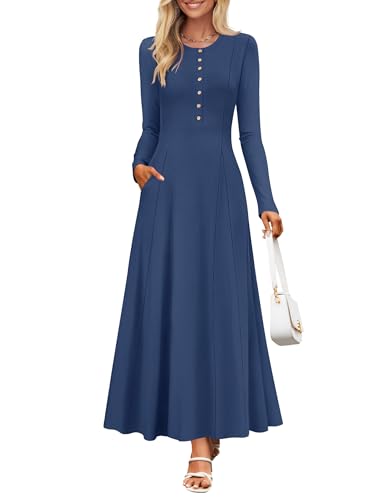 ZESICA Women's Elegant Maxi Dresses 2025 Fall Long Sleeve Button Casual A Line Boho Flowy Dress with Pockets