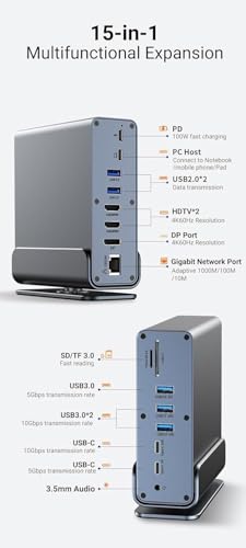 Image of Tobo 15 in 1 USB C HUB Docking Station MST Vertical USB Multi Port hub Works with M-books Pro Laptop and Other Type-C Devices Multi HDMI USB 3.0 Thunderbolt Dock RJ45 OTG USB Ports Type c hub TD-1568A