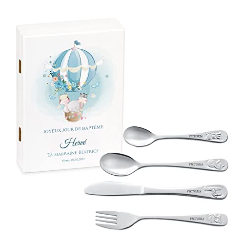 Maverton Set de couverts personnalisé pour garçon - Coutellerie dans coffret imprimé - Couverts Thème Animal - Cadeau d'anniversaire - Cadeaux bébé - Couverts gravés - AÉROSTAT