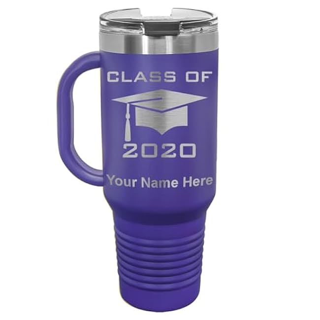 40oz Vacuum Insulated Travel Mug with Handle, Grad Cap Class of 2023, 2024, 2025, 2026, Personalized Engraving Included (Dark Purple)