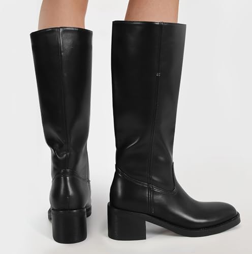 Image of DOEYG Women's Banana Knee High Boots Square Toe Chunky Block Heel Tall Boots Wide Calf Fashion Comfortable Casual Pull on Long Boots