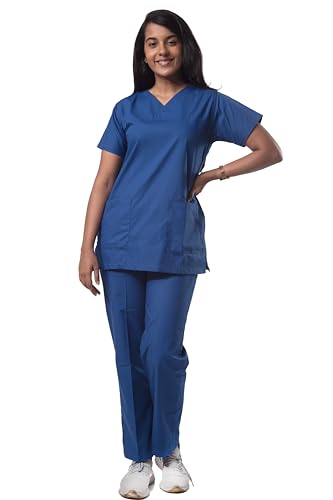 Image of Uniform Craft Women's 4 Pocket Scrub Suit Set | Medical Uniform | Cross V-Neck Poly Cotton | Short Sleeve Hospital Wear | Ideal for Doctors & Nurses (Bright Blue, L)