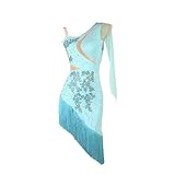 Latin Ballroom Dance Dresses for Women Tassel Salsa Rumba Cha Cha Party Competition Dress(Lake Blue,S)