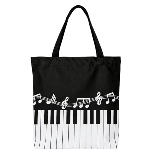 Natural canvas tote bag printed with a run of piano keys across the front