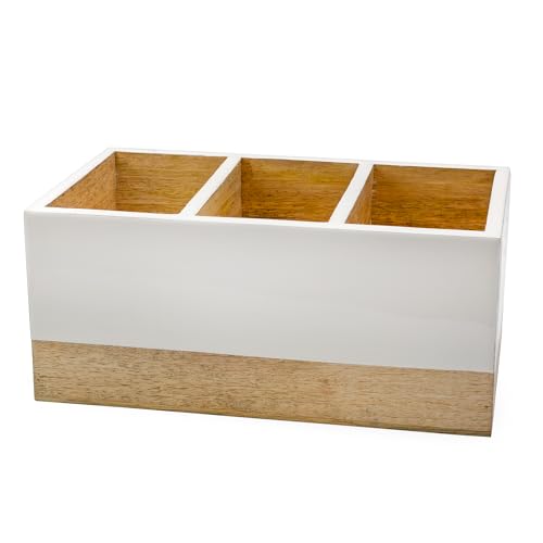 AuldHome Design Wood/Enamel Utensil Holder, Mango Wood 3-Compartment Farmhouse Cooking Caddy or Spoons/Forks/Knives Storage