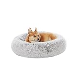 Bedfolks Calming Donut Dog Bed, 30 Inches Round Fluffy Dog Beds for Medium Dogs, Anti-Anxiety Plush Dog Bed, Machine Washable Pet Bed (Light Grey, Medium)