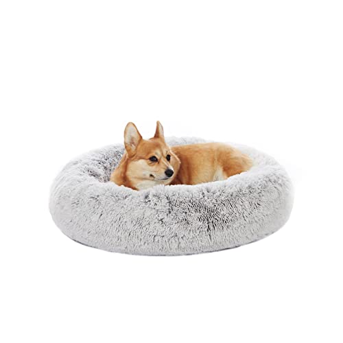 Bedfolks Calming Donut Dog Bed, 30 Inches Round Fluffy Dog Beds for Medium Dogs, Anti-Anxiety Plush Dog Bed, Machine Washable Pet Bed (Light Grey, Medium)