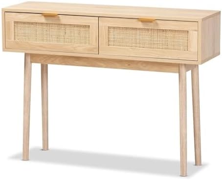 BOWERY HILL Light Oak Brown Finished Wood and Rattan 2-Drawer Console Table