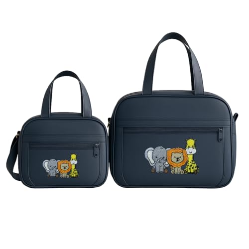 Kit Bolsas E frasqueira Bebê Saida Maternidade Bordada SAFARI (Azul Marinho)