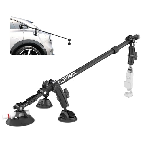 Movmax 3 in1 Suction Cup Car Mount with Carbon Fiber Stick(4.46ft) Triple Suction Cup Kit with 360 Magic Arm Compatible with DJI Osmo Pocket 4/3/360/Gopro/Insta360/Action Camera Quick Release