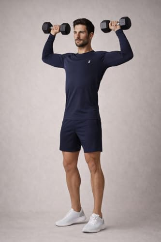 Image of Men's Blue Lycra Spandex Compression Solid Quick Dry Full Sleeve Regular Fit Round Crew Neck Active Sportswear Gym T-Shirt for Workout Training Running and Fitness Activities