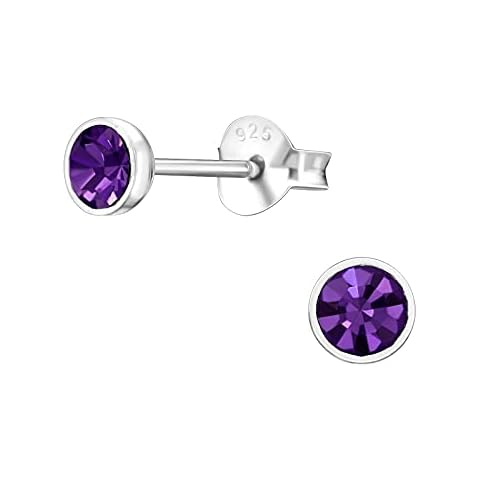 Amethyst Purple Crystal Round Sterling Silver Stud Earrings 4MM Cover