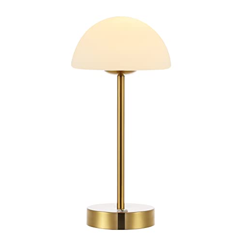 Image of JONATHAN Y Xavier 12.5 inch Metal Cordless LED Table Lamp, Brass Gold | Rechargeable, Dimmable Touch Sensor, White Frosted Glass Dome, Portable Minimalist Accent Light, Integrated Bulb Included
