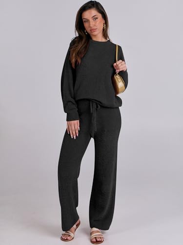 ANRABESS Women's Fuzzy Fleece Pajama Sets 2 Piece Outfits Long Sleeve Top Wide Leg Pants Lounge Matching Set 2025 Fall Winter4