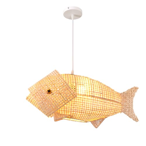 LQZCXMF Lámpara De Araña De Bambú Con Forma De Pez Y Pantalla De Bambú Lámpara De Comedor Creativa Del Sudeste Asiático, Material Natural Lámpara Colgante Tejida De Ratán, Lámpara E27 (66 Cm)