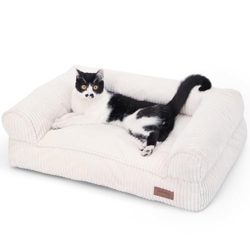 FUKUMARU Cama Sofá para Gatos, Acogedora Cama de Pana para Gatos de Interior con Funda extraíble y Lavable, Camas Antideslizantes para Perros Sofá para Perros Pequeños Cute, 27inch, Medium, Cream