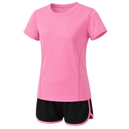 Image of Girls Short Sets with Athletic Shorts and Workout Tops Quick Dry Athletic Clothing Sets 6-13 Years
