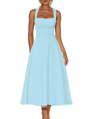 Image of Kaximil Women's Square Neck Corset A Line Maxi Dress Ruffle Ruched Waist Flowy Long Dresses