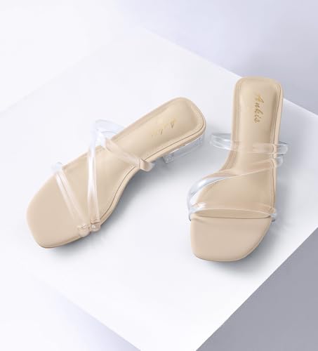 Image of Ankis Black Nude White Strappy Heels Women 1 Inch Low Chunky Block Heel Heeled Sandals Square Open Toe Slip On Slides Mules
