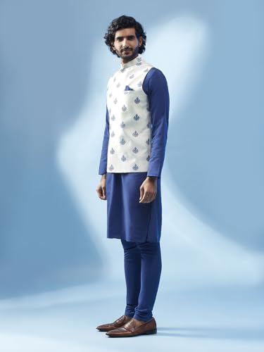 Image of KISAH Men's Kurta Jacket Churidar Set, Sea Green Art Silk, Embroidered Long Sleeves Regular Fit Mandarin Collar